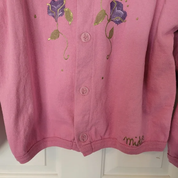 Handpainted Button Down Sweatshirt Dusty Rose w/Painted Florals Youth Sz 14/Lg - Picture 3 of 9